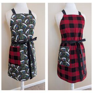 NWT Handmade Reversible Apron - Christmas campers and plaid - One Size - OOAK